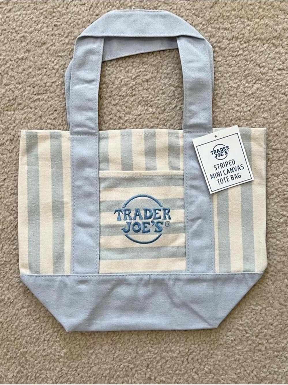Trader Joe's Striped Mini Canvas Tote Bag in Light Blue & Cream